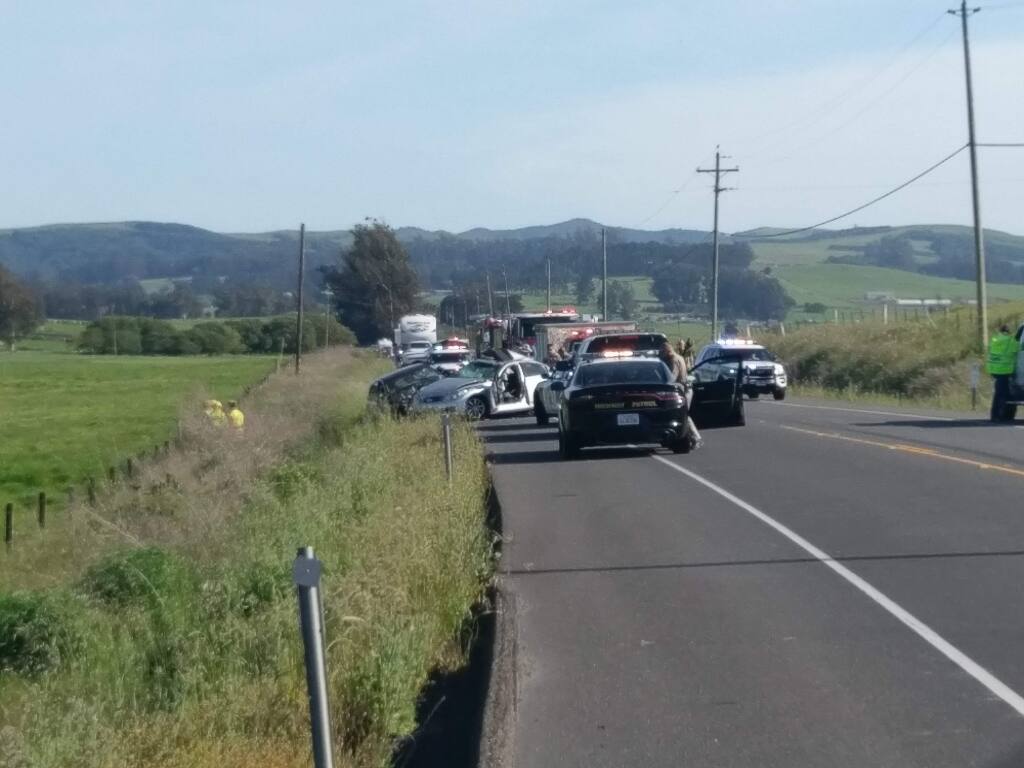 One person was killed and multiple people injured in a two-car crash on Valley Ford Road in west Sonoma County on Friday, May 4, 2018. (COURTESY OF MATTHIAS LAMERS)