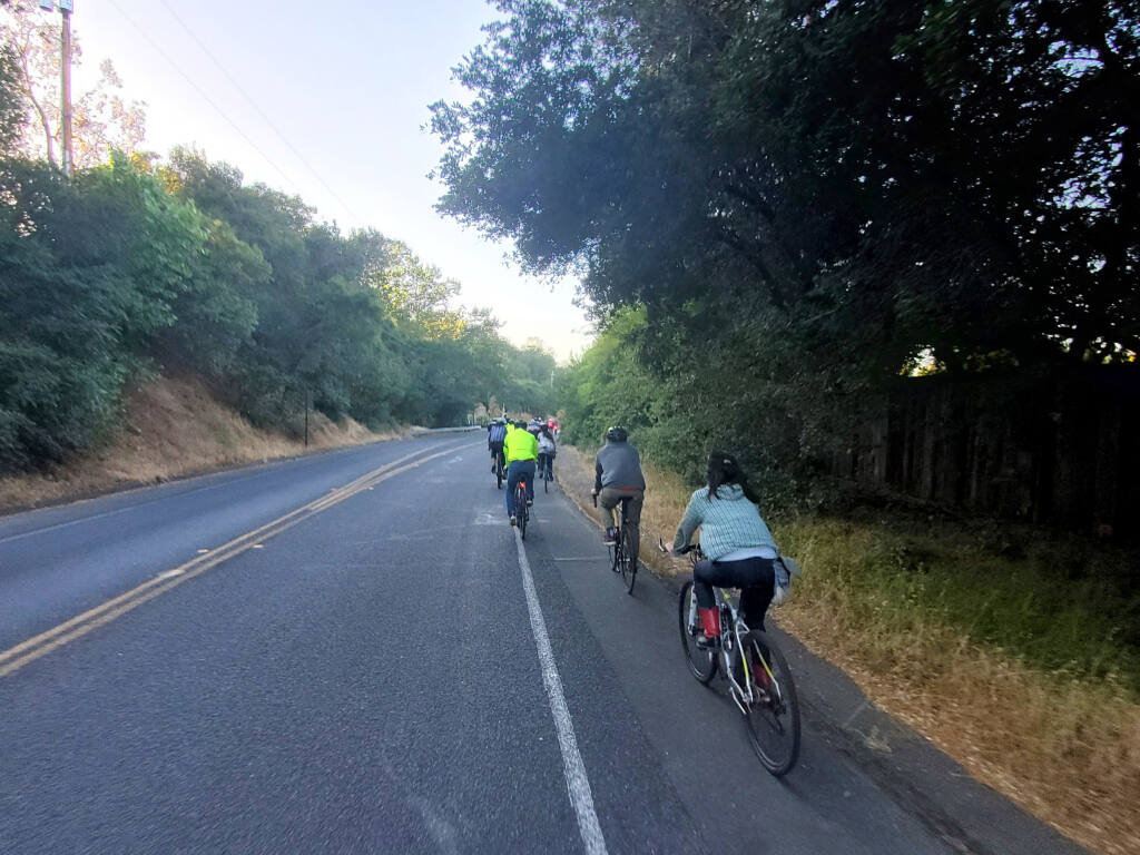 Sonomans ride along the shoulder of Arnold Drive — where there is no marked bike lane. (Photo: Logan Harvey)