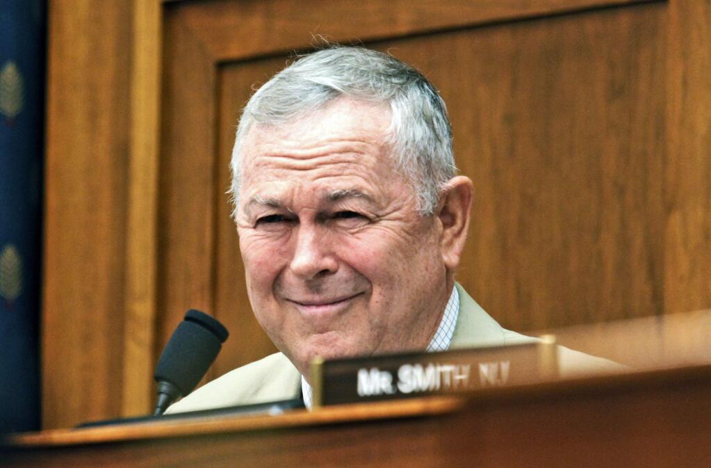 FILE - In this June 14, 2016 file photo, Rep. Dana Rohrabacher, R-Calif., participates in a House Foreign Affairs Committee hearing on Russia on Capitol Hill in Washington. Republicans are defending a string of endangered US House seats in California. (AP Photo/Paul Holston, File)