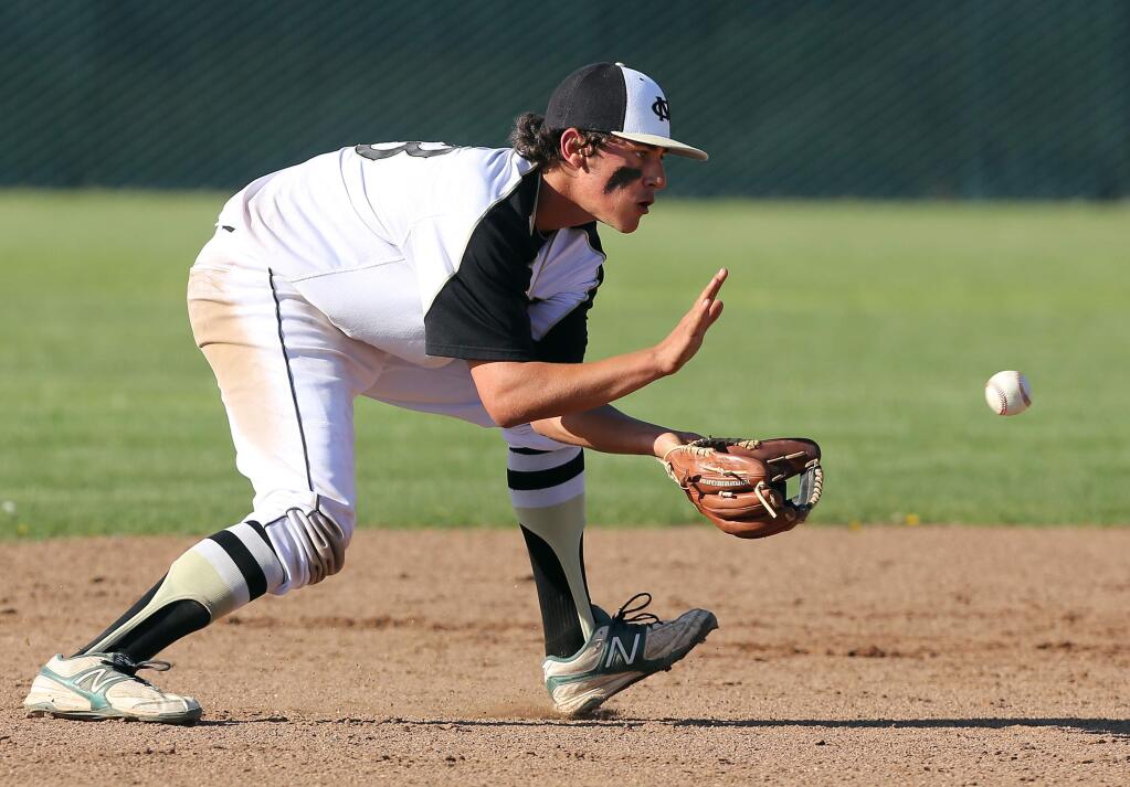 Jake Scheiner, seen here while a student at Maria Carrillo High School, fields the ball during a baseball game versus Sonoma Valley High School in 2013. Scheiner, who now plays baseball for Santa Rosa Junior College, has been voted Big 8 most valuable player. (PD FILE, 2013)