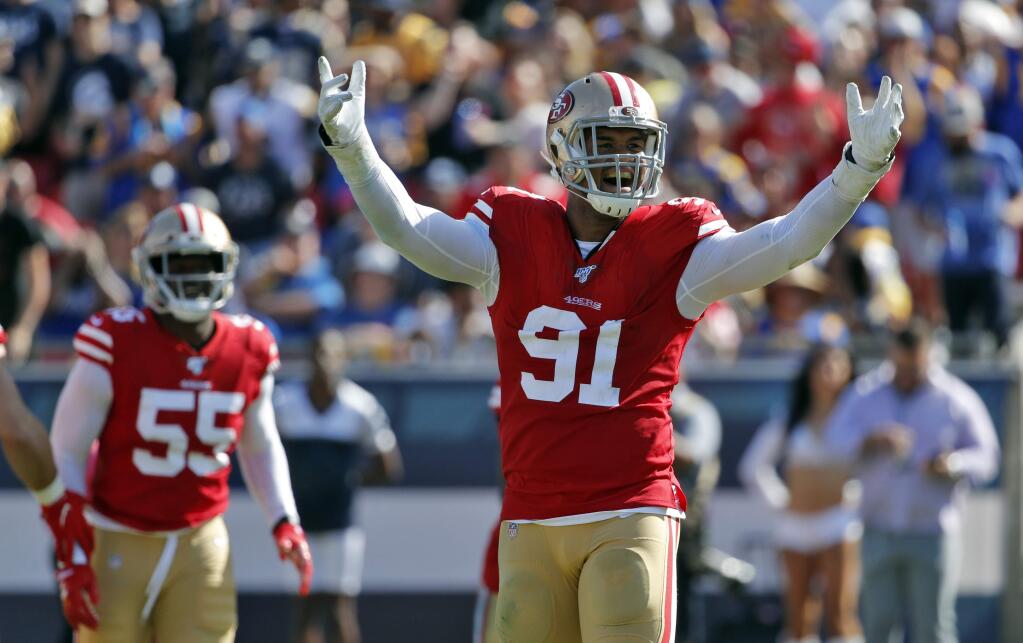 San Francisco 49ers defensive end Arik Armstead during the second half against the Los Angeles Rams Sunday, Oct. 13, 2019, in Los Angeles. (AP Photo/John Locher)