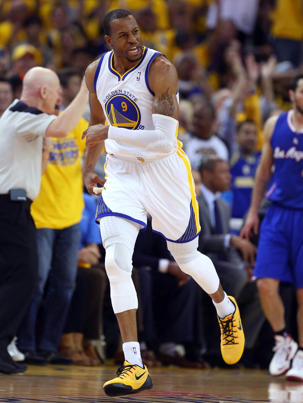 Golden State Warriors forward Andre Iguodala reacts after sinking a jumper against the Los Angeles Clippers during Game 4 in Oakland on Sunday, April 27, 2014. The Warriors defeated the Clippers 118-97 (Christopher Chung/ The Press Democrat)