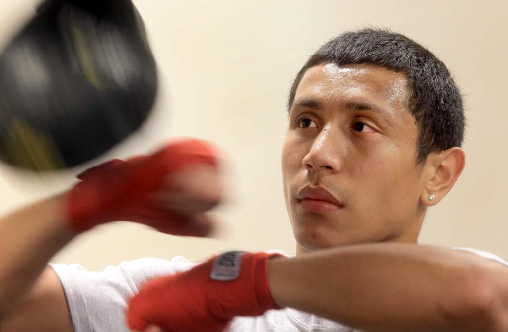 Elsie Allen junior Jonathan Rubio trains at Double Punches Boxing Club in Santa Rosa, Wednesday, April 26, 2017. Rubio will fight in the national Golden Gloves tournament next week in Louisiana. (Kent Porter / The Press Democrat)
