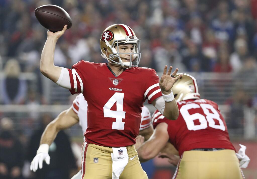 San Francisco 49ers quarterback Nick Mullens passes against the New York Giants during the second half in Santa Clara, Monday, Nov. 12, 2018. (AP Photo/Tony Avelar)