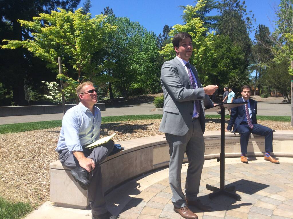 Thomas Sargent listens to his attorney Dustin Collier Thursday, April 28, 2016, at Sonoma State University. His other attorney, Joshua Socks, is in the background. (CLARK MASON / PD)