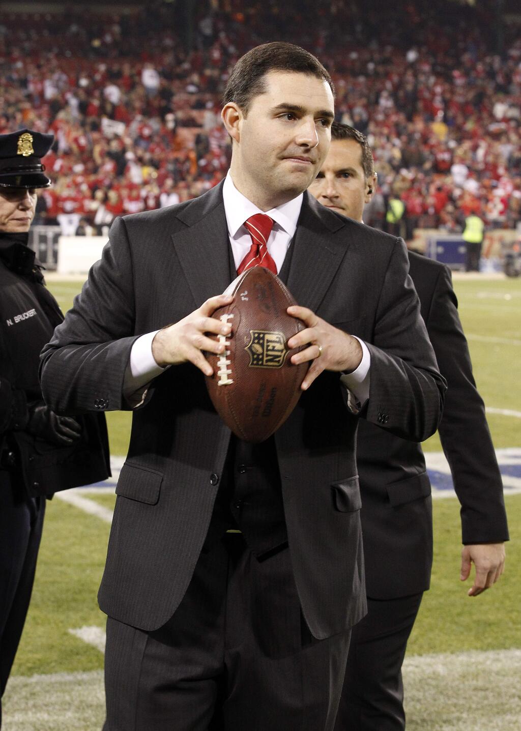 San Francisco 49ers owner Jed York walks off the field at Candlestick Park after an NFL football game against the Atlanta Falcons in San Francisco, Monday, Dec. 23, 2013. (AP Photo/Tony Avelar)