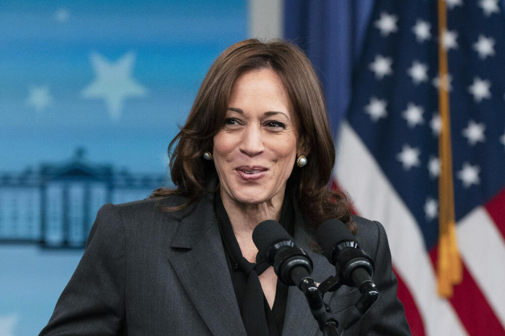FILE - Vice President Kamala Harris at the Eisenhower Executive Office Building on the White House complex, in Washington, March 15, 2022. Harris will announce an action plan to stop racial discrimination in the appraisal of home values, according to senior administration officials. The plan contains 21 distinct steps to improve oversight and accountability, including a legislative proposal to modernize the governance structure of the appraisal industry. Appraisers help to determine the value of a home so that buyers can receive a mortgage. (AP Photo/Manuel Balce Ceneta, File)