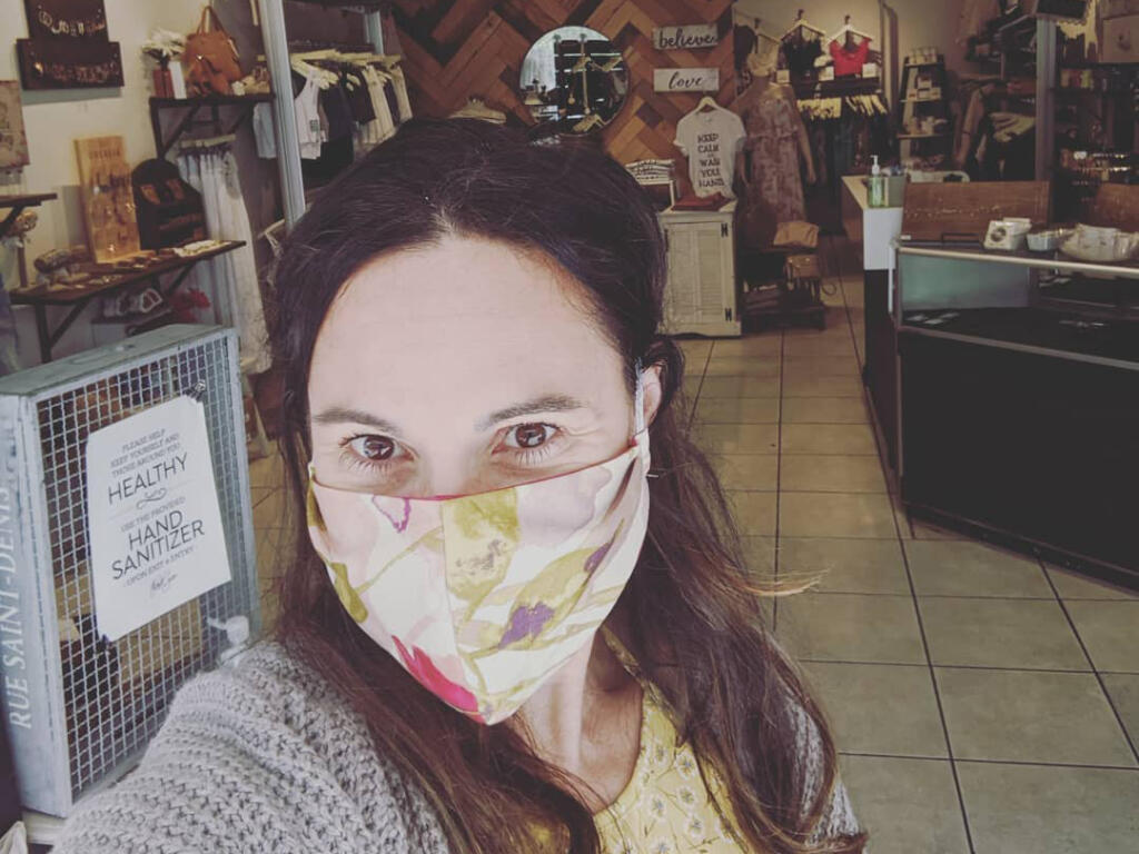 Becky Anderson, seen here in May 2020 modeling a newly stocked line of masks at the time, started Miyamo women’s clothing store in downtown Napa 16 years ago. (Facebook / MiyamoBoutique) May 22, 2020