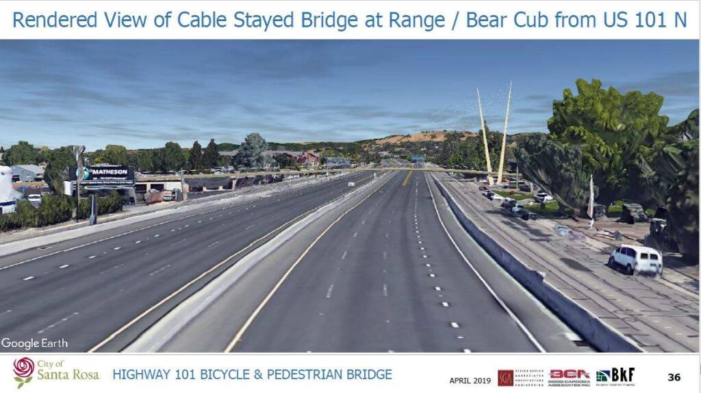 One in a series of architectural renderings of potential designs for the proposed pedestrian and bike bridge over Highway 101 in north Santa Rosa. (City of Santa Rosa)