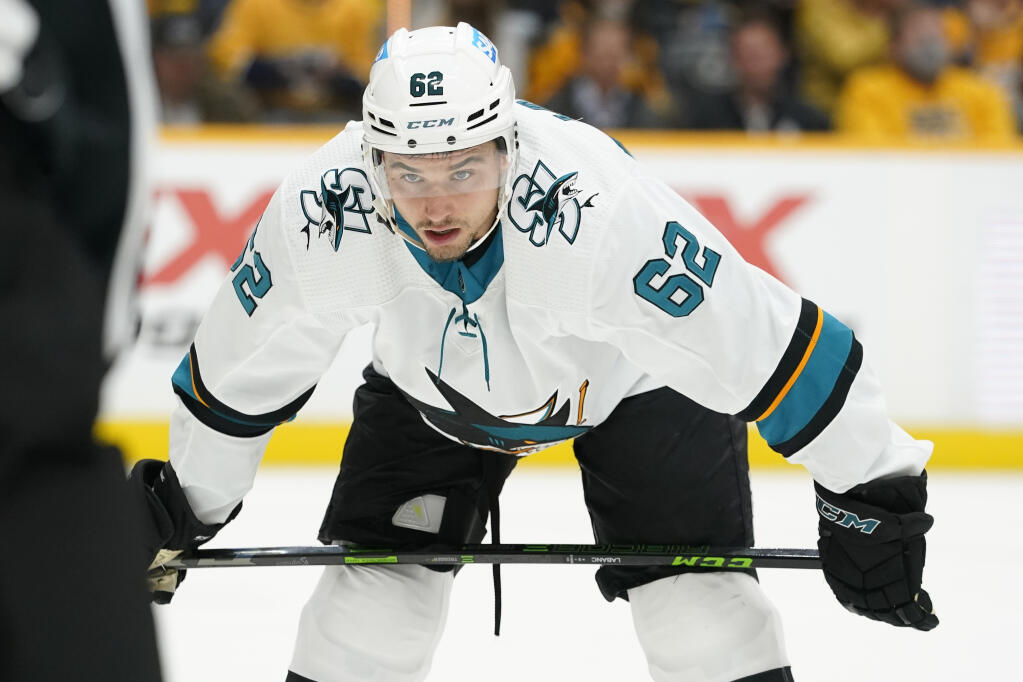 Sharks right wing Kevin Labanc plays against the Nashville Predators in the first period of an NHL hockey game Tuesday, Oct. 26, 2021, in Nashville, Tenn. (AP Photo/Mark Humphrey)