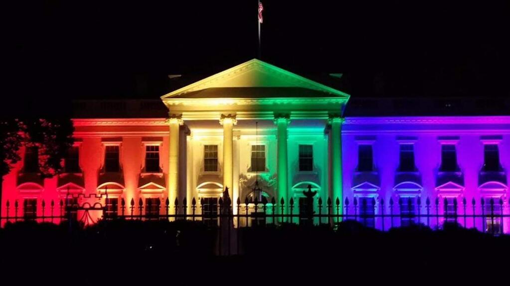 The White House is aglow in the colors of the rainbow to celebrate the Supreme Court decision legalizing same-sex marriage in the United States on June 26, 2015. (JONATHAN CAPEHART / Washington Post)