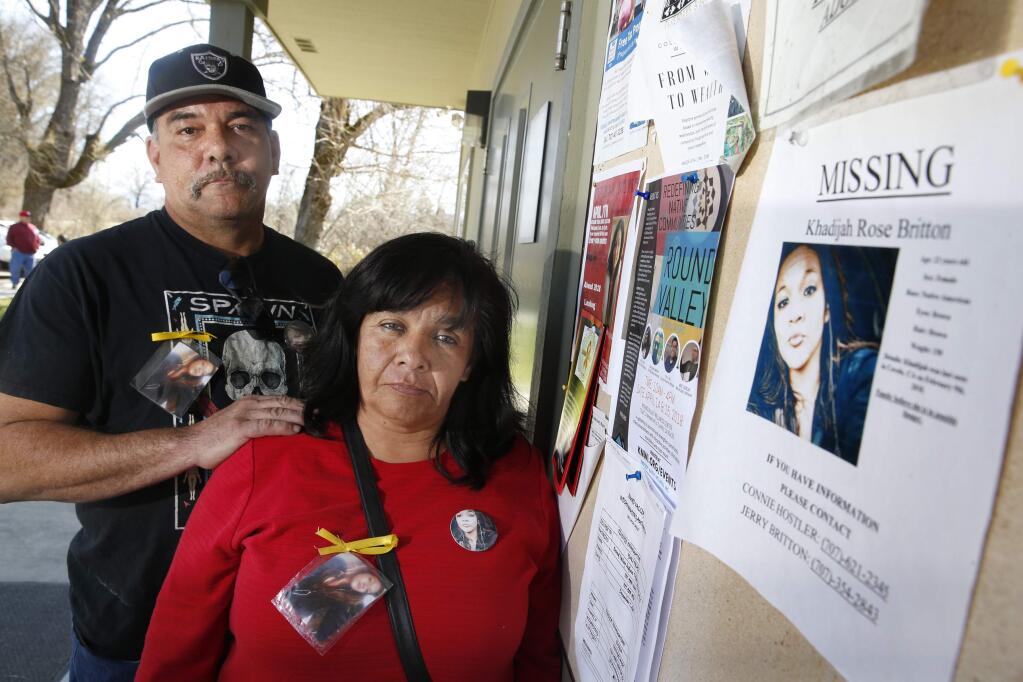 Jerry Britton Jr. and Connie Hostler, the father and mother of Khadijah Britton, 23, who was last seen being taken by her boyfriend at gunpoint in early February, according to witnesses. Photo taken on Tuesday, March 27, 2018 in Covelo, California . (BETH SCHLANKER/The Press Democrat)