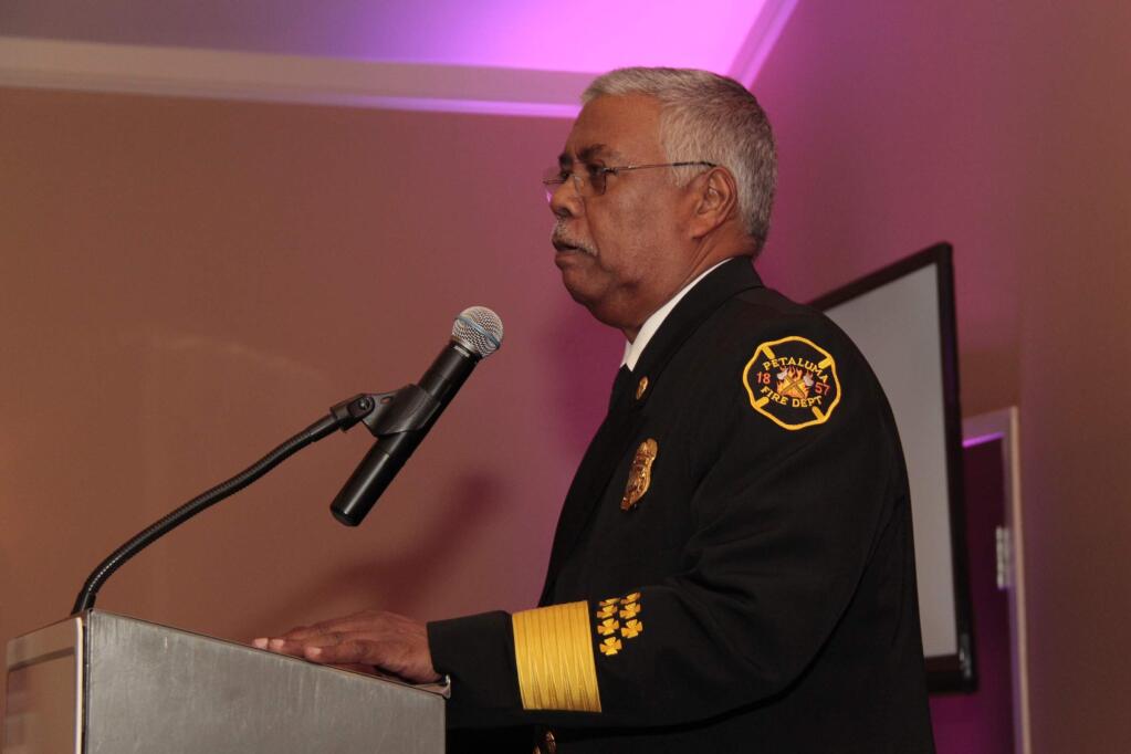 Petaluma Fire Chief Leonard Thompson speaks to the crowd at the 2018 Petaluma Awards of Excellence on April 5, 2018, at the Rooster Run Golf Club in Petaluma. Thompson will retire at the end of the year. (JIM JOHNSON/FOR  THE ARGUS-COURIER)