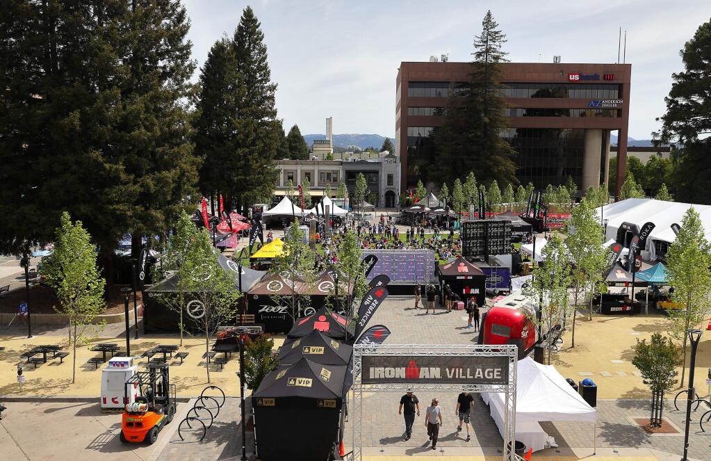 Booths related to Ironman Santa Rosa take over Old Courthouse Square on Thursday, May 10, 2018. (CHRISTOPHER CHUNG/ PD)