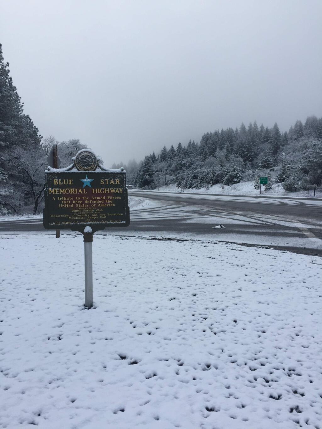 Snow on Jan. 2, 2017 at Ridgewood Summit, just south of Willits. The Cal Fire station is about 1,500 feet above sea level. ((Photo courtesy of Cal Fire Capt. Shepley Schroth-Cary)