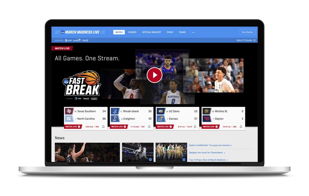 This undated product image provided by Turner Broadcasting System, Inc. shows March Madness Live on a laptop. The men's college basketball tournament begins Tuesday, March 13, 2018. All 67 games will be available online. On desktops and laptops, the March Madness website will have a 'boss button.' One click replaces the game with a fake screenshot of a search engine, spreadsheet or PowerPoint-like app, your choice, but set it up ahead of time. (Turner Broadcasting System, Inc. via AP)