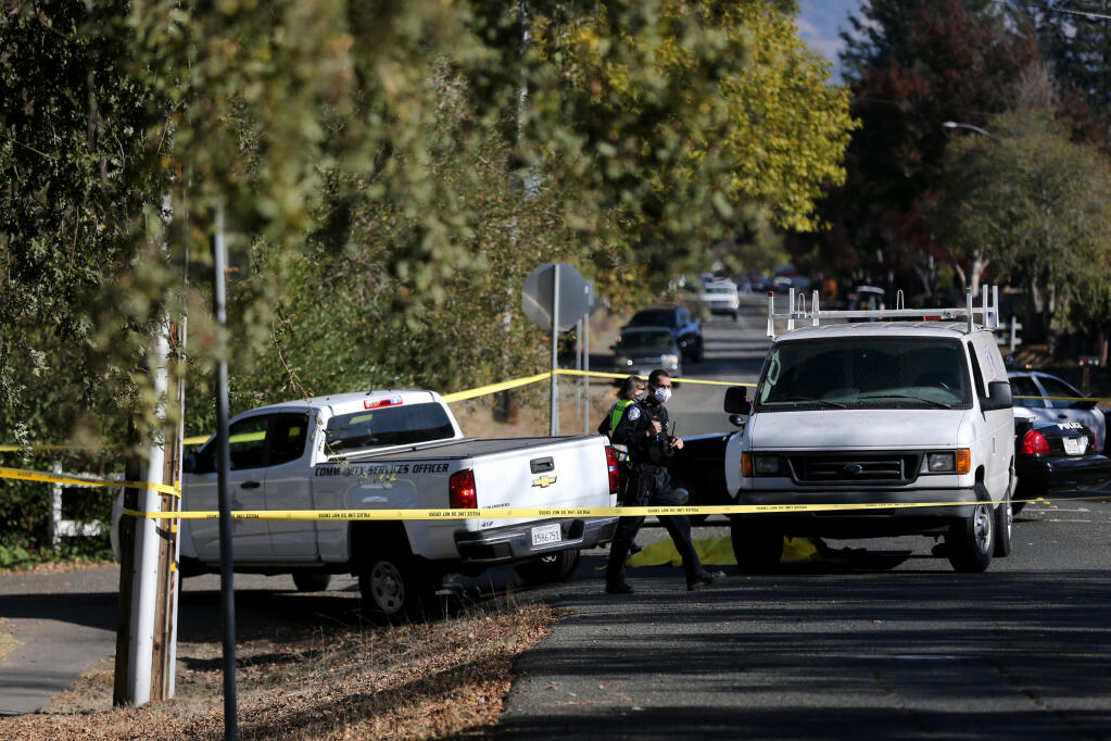 Cotati police work at the scene where a man walking his dog was fatally struck by a van at the intersection of Myrtle Ave and Macklin Drive in Cotati, California, on Monday, Nov. 16, 2020. (Beth Schlanker /  The Press Democrat)