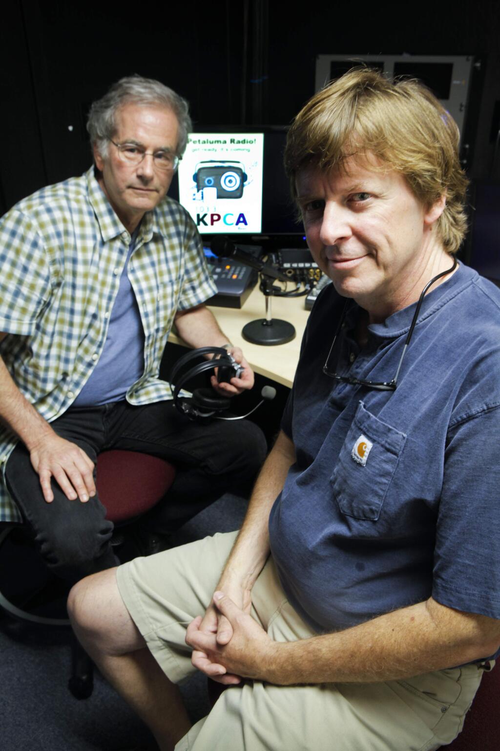 Petaluma, CA, USA. Monday, July 18, 2016._ Petaluma Community Access is launching a radio station at their studio office on Keller in Petaluma. John Bertucci, executive director (left) and Chris Fisher, outreach coordinator plan to hold a few stakeholder meetings to find out what folks want to hear and produce for the radio. (CRISSY PASCUAL/ARGUS-COURIER STAFF)