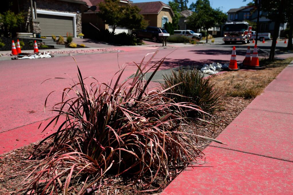 Red Phos-Chek fire retardant coats the street and homes along Decanter Circle after a Cal Fire firefighting aircraft dropped a payload of retardant on the neighborhood prior to landing at Charles M. Schulz-Sonoma County Airport,in Windsor, California on Thursday, July 27, 2017. (Alvin Jornada / The Press Democrat)