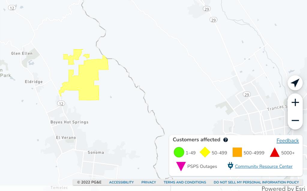 Pacific Gas & Electric power outage map showing the area in Sonoma and Glen Ellen that was affected by an outage at 9:09 a.m. Approximately 2,175 PG&E customers were impacted by the outage, and all had their power restored within two hours, just after 11 a.m., Thursday, Oct.27, 2022. (PG&E)