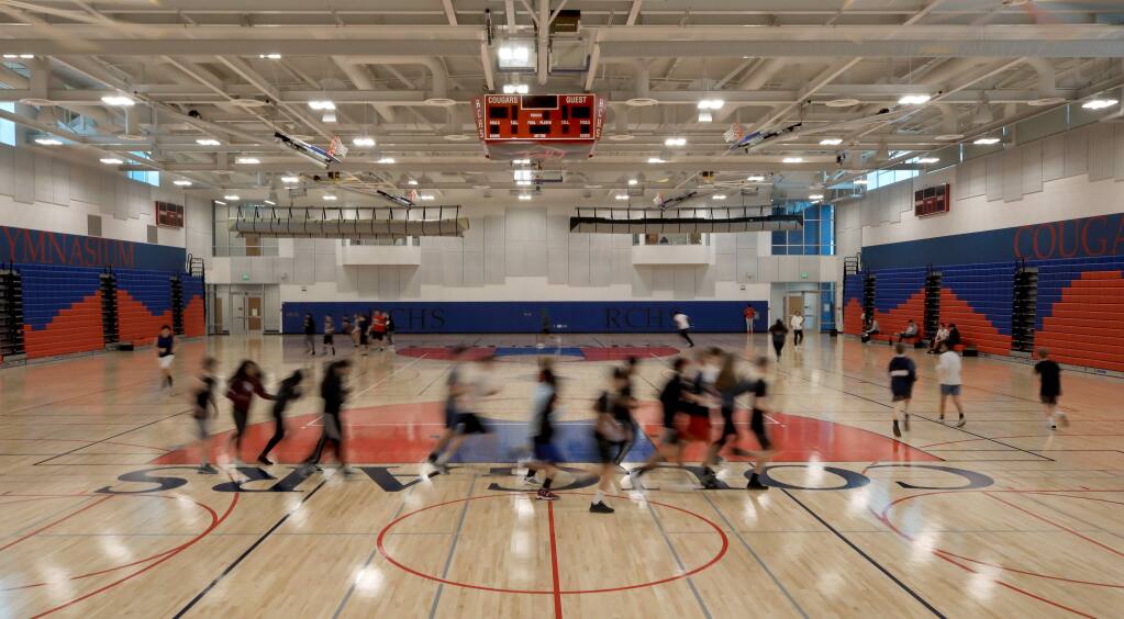 The new gymnasium at Rancho Cotate High School, Thursday, Feb. 13, 2020, in a brand-new $52 million complex that also includes a theater arts building, in Rohnert Park. (Kent Porter / The Press Democrat)