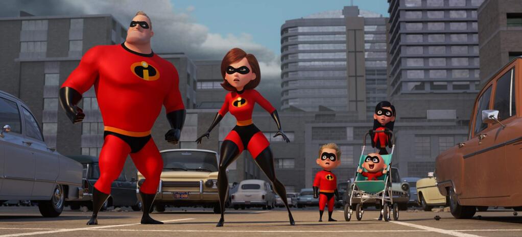 Elastigirl (voice of Holly Hunter) springs into action to save the day, while Mr. Incredible (Craig T. Nelson) faces his greatest challenge yet -- taking care of the problems of his three children. (Walt Disney Studios)
