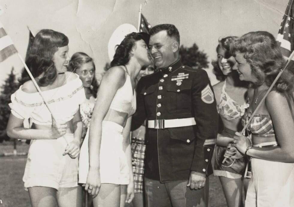A Marine gets a kiss from a “Fairette” at the Sonoma County Fair in 1948. (Courtesy of the Sonoma County Library)