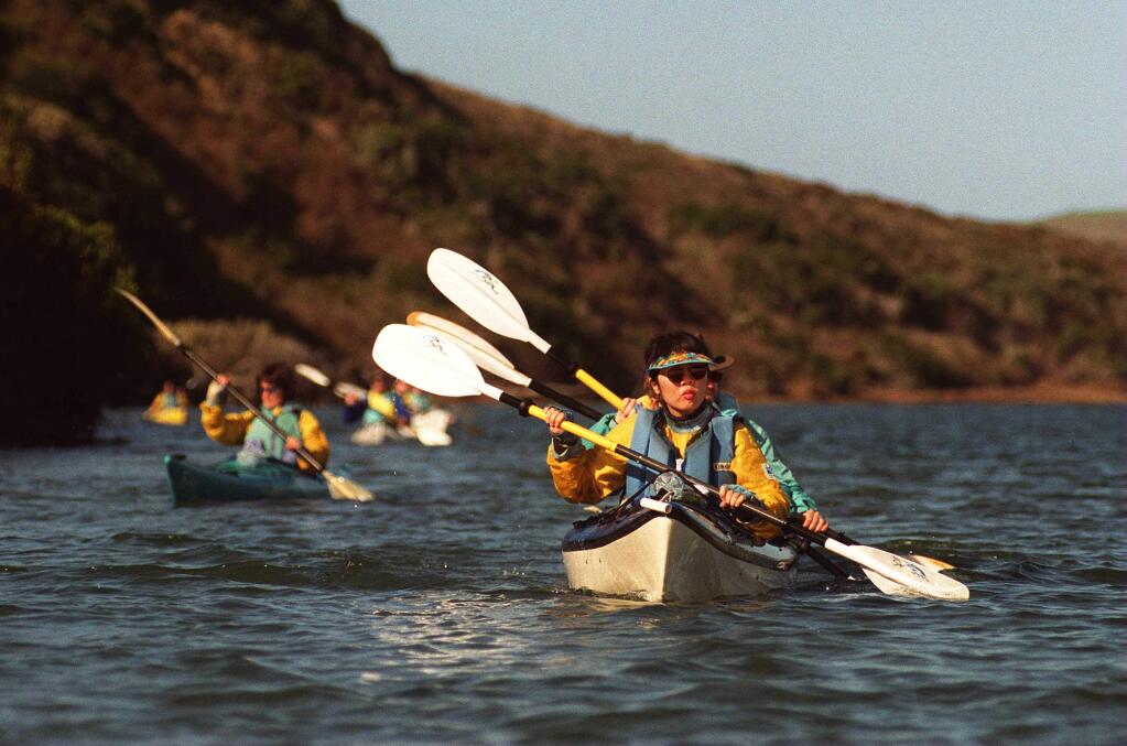 Kayakers on Drakes Estero in Point Reyes National Seashore. (The Press Democrat)