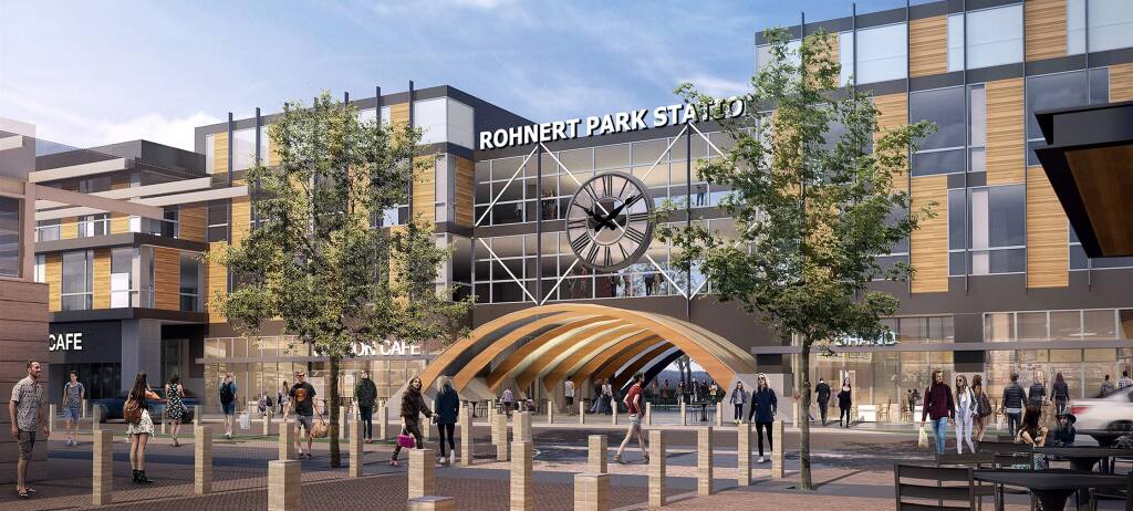 Riders of the SMART commuter line would have this new view at the Rohnert Park stop, with the Station Avenue redevelopment, seen in this architectural rendering, of the former State Farm Insurance building. (COURTESY OF LAULIMA DEVELOPMENT) June 28, 2018