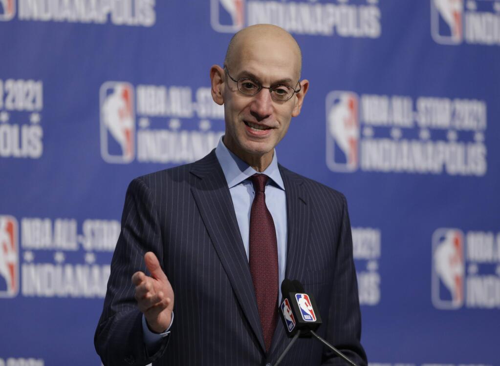 In this Wednesday, Dec. 13, 2017 file photo, NBA Commissioner Adam Silver announces that Indianapolis will host the 2021 NBA All-Star game. (AP Photo/Michael Conroy, File)