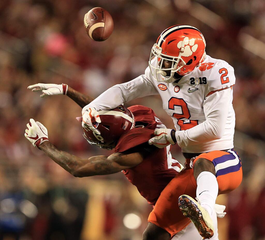 Mark Fields of Clemson bats away a pass intended for DeVonta Smith during the fourth quarter In Tigers 44-16 victory over Alabama during the College Football Playoff National Championship, Monday, January 7, 2019 at Levi's Stadium in Santa Clara. (Kent Porter / The Press Democrat) 2019