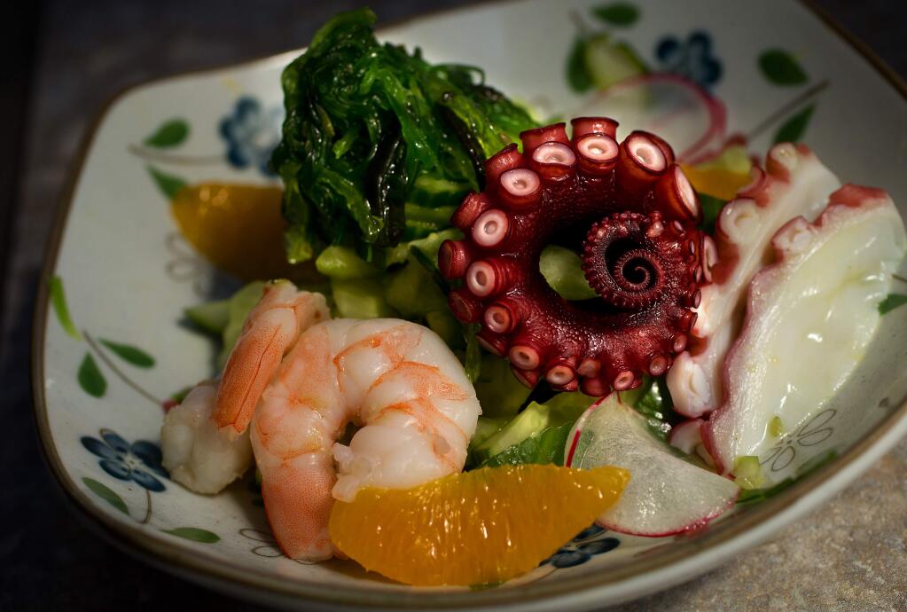 Sunomono Salad with cucumber, shrimp, octopus, seaweed, and rice vinegar from Miso Ramen in Santa Rosa. (photo by John Burgess/The Press Democrat)
