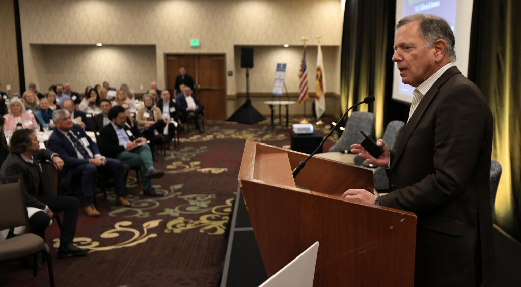 Dr. Jerry Nickelsburg gives his keynote speech during the 2023 Economic Perspective breakfast at the Doubletree by Hilton Hotel Sonoma County in Rohnert Park, Thursday, Jan. 26, 2023.   (Kent Porter / The Press Democrat) 2023