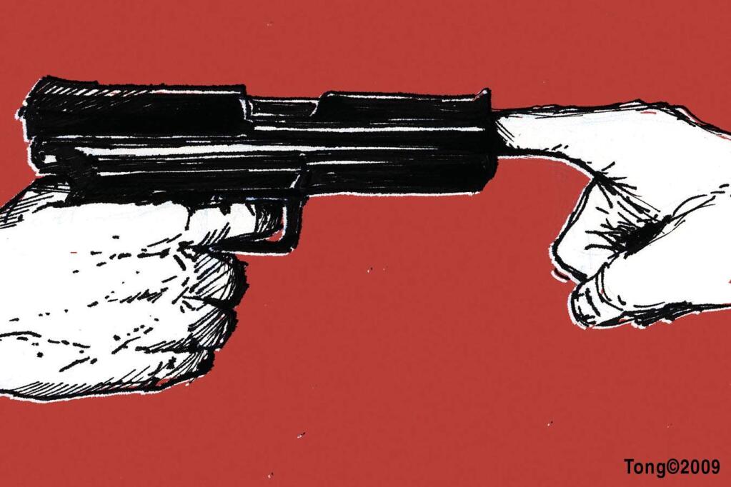 This artwork by Paul Tong relates to gun control in the United States.