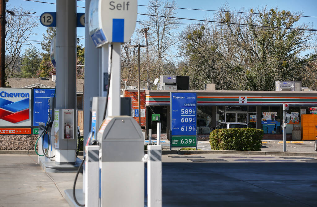 The 7-Eleven at Middle Rincon Road, at Highway 12, in Santa Rosa has proposed adding gasoline pumps, despite being directly across the street from an existing Chevron gas station. Photo taken on Wednesday, March 9, 2022. (Christopher Chung / The Press Democrat)