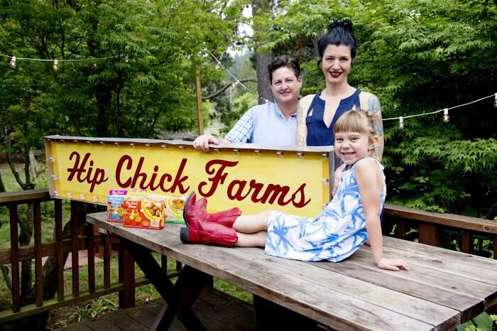 Jennifer Johnson, left, and Serafina Palendech, with their daughter, Rubyrose. (Courtesy of Hip Chick Farms)
