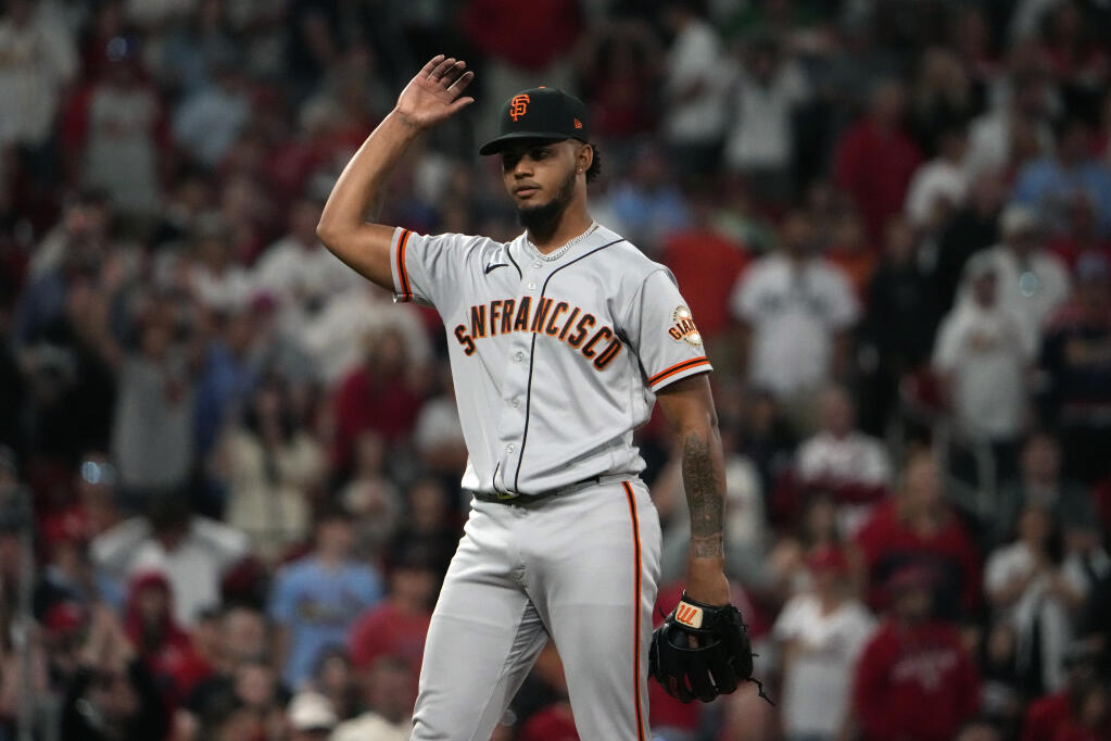 San Francisco Giants relief pitcher Camilo Doval celebrates after getting St. Louis Cardinals' Paul Goldschmidt ground out to end a baseball game Monday, June 12, 2023, in St. Louis. The Giants won 4-3. (AP Photo/Jeff Roberson)