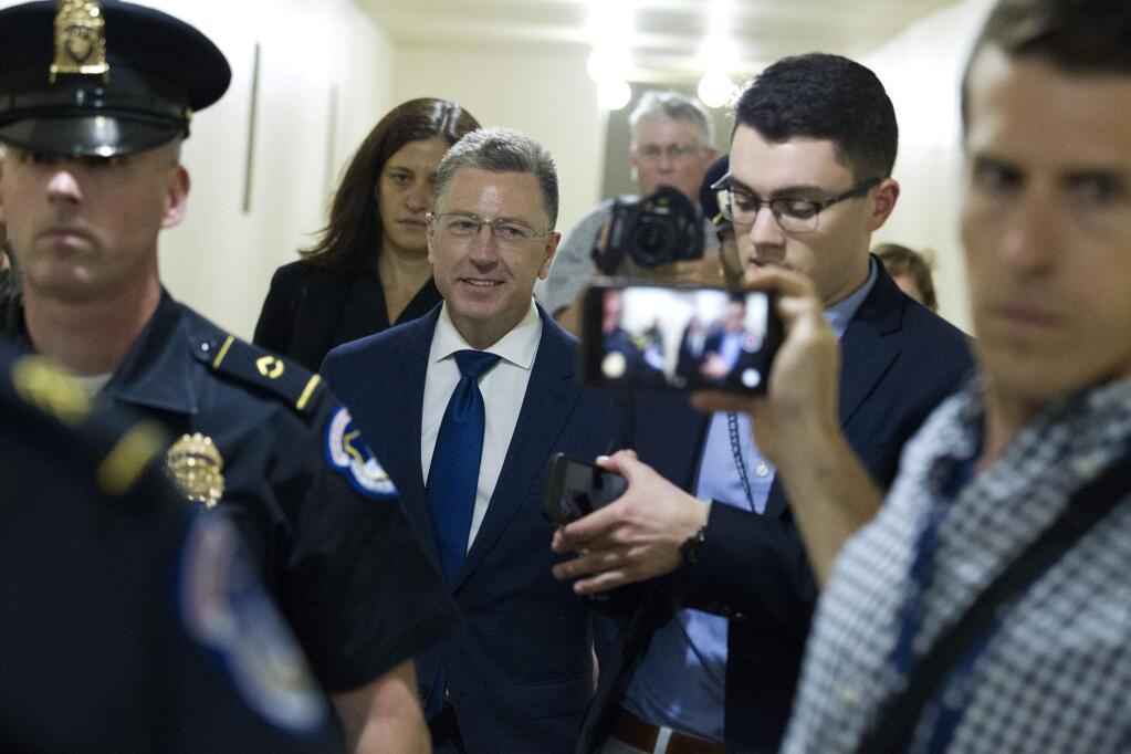 Kurt Volker, a former special envoy to Ukraine, is leaving after a closed-door interview with House investigators as House Democrats proceed with the impeachment investigation of President Donald Trump, at the Capitol in Washington, Thursday, Oct. 3, 2019. (AP Photo/Jose Luis Magana)