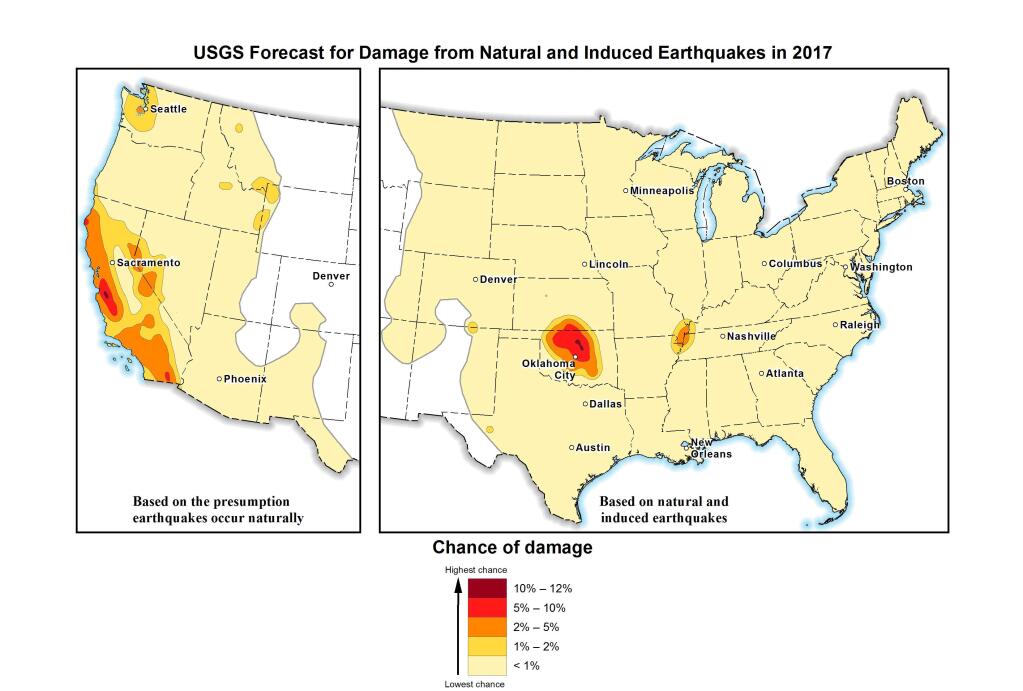 In this image provided by the U.S. Geological Survey, the USGS's 2107 earthquake forecast map. Federal scientists forecast that Oklahoma will continue to have the nation's biggest man-made earthquake problem but it probably won't be as shaky as recent years. In its annual national earthquake outlook, the USGS reported Wednesday, March 1, 2017, that a large portion of Oklahoma and parts of central California have the highest risk for a damaging quake this year: between 5 and 12 percent. The outlook is published in the journal Seismological Research Letters.(U.S. Geological Survey via AP)