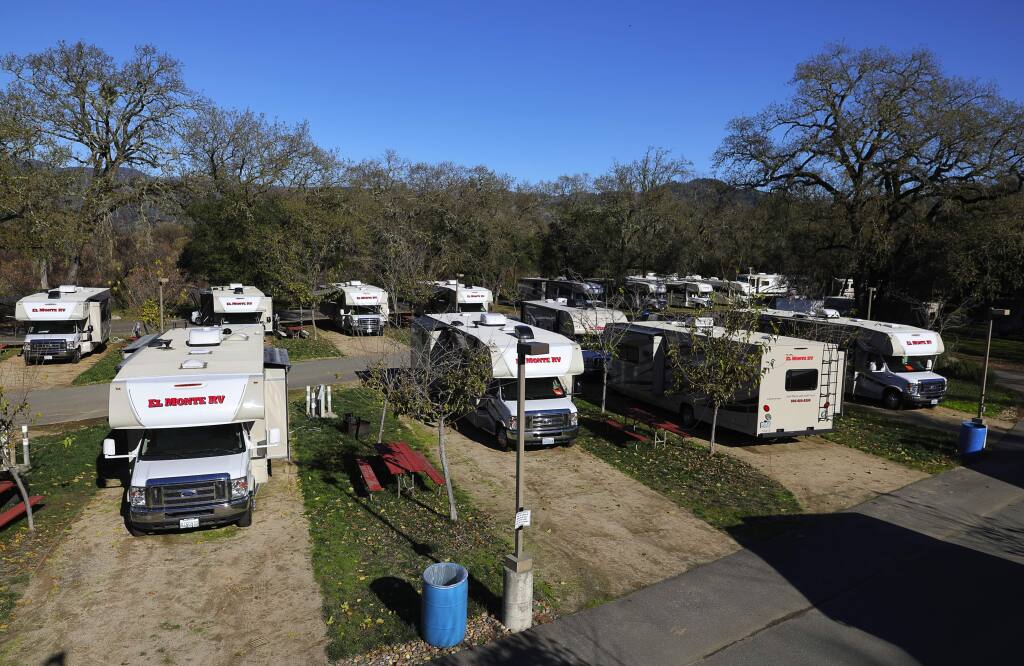 RVs housing ECC personnel fill the Alexander Valley RV Park & Campground, north of Healdsburg on Tuesday, December 5, 2017. The campground is usually closed at this time of year.(Christopher Chung/ The Press Democrat)