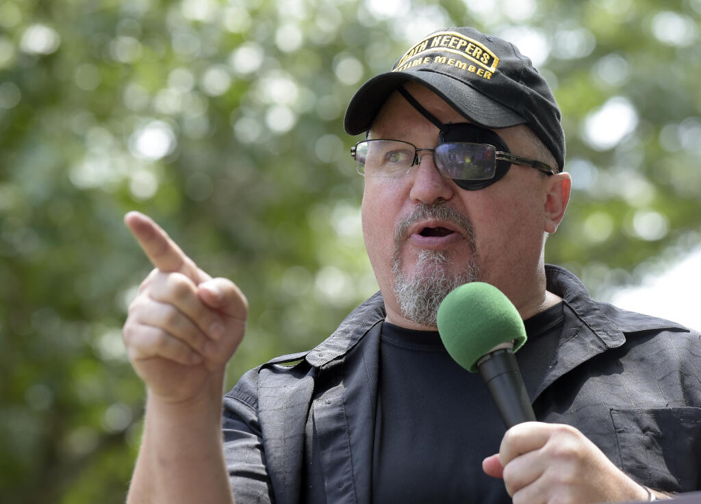 FILE - Stewart Rhodes, founder of the citizen militia group known as the Oath Keepers speaks during a rally outside the White House in Washington, on June 25, 2017. A witness testified Wednesday that Oath Keepers founder Stewart Rhodes tried to get a message to then-President Donald Trump days after the Jan. 6, 2021 insurrection through an intermediary. He wanted to urge Republican to fight to stay in power and “save the republic." (AP Photo/Susan Walsh, File)