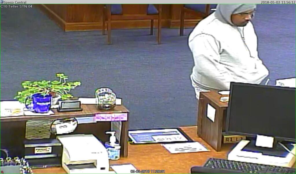 A screen grab from surveillance video showing the man police say robbed a Westamerica Bank in Petaluma on Thursday, May 3, 2018. (PETALUMA POLICE DEPARTMENT)