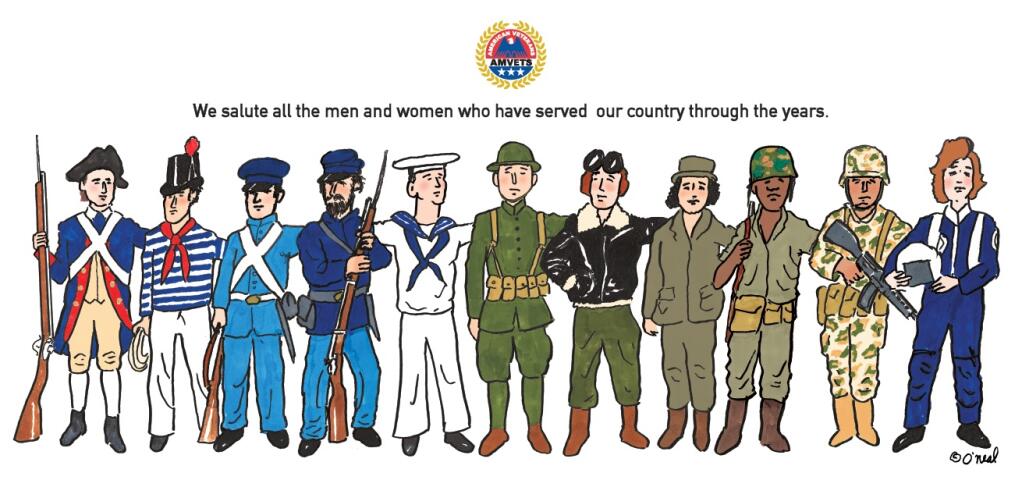 As a member of the local  AMVETS Post 55, Index-Tribune cartoonist Bill O’Neal created this salute to military service for the Valley of the Moon Vintage Festival.
