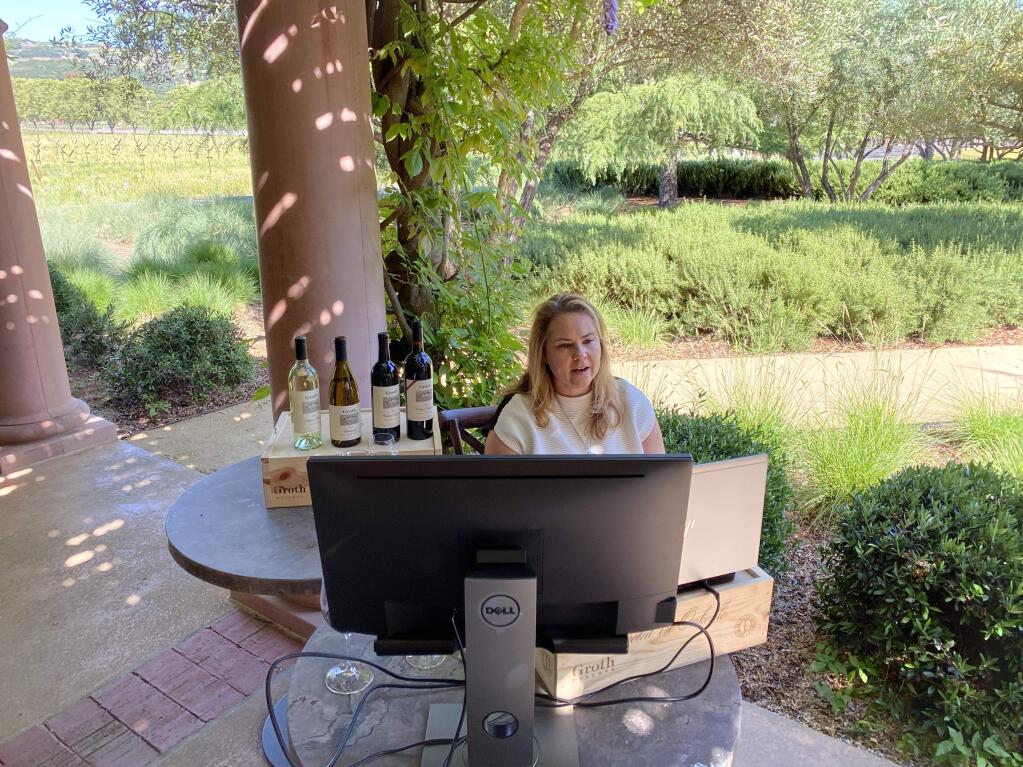 Suzanne Groth, CEO of Napa Valley's Groth Vineyards & Winery, hosts a virtual tasting on May 5, 2020, for a group from the outdoor terrace, where in-person tasting resumes Friday, June 12, 2020, after closure in mid-March with the coronavirus shelter-at-home order. (courtesy photo)