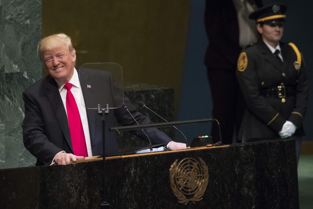 President Donald Trump addresses the 73rd session of the United Nations General Assembly, Tuesday, Sept. 25, 2018 at U.N. headquarters. (AP Photo/Mary Altaffer)