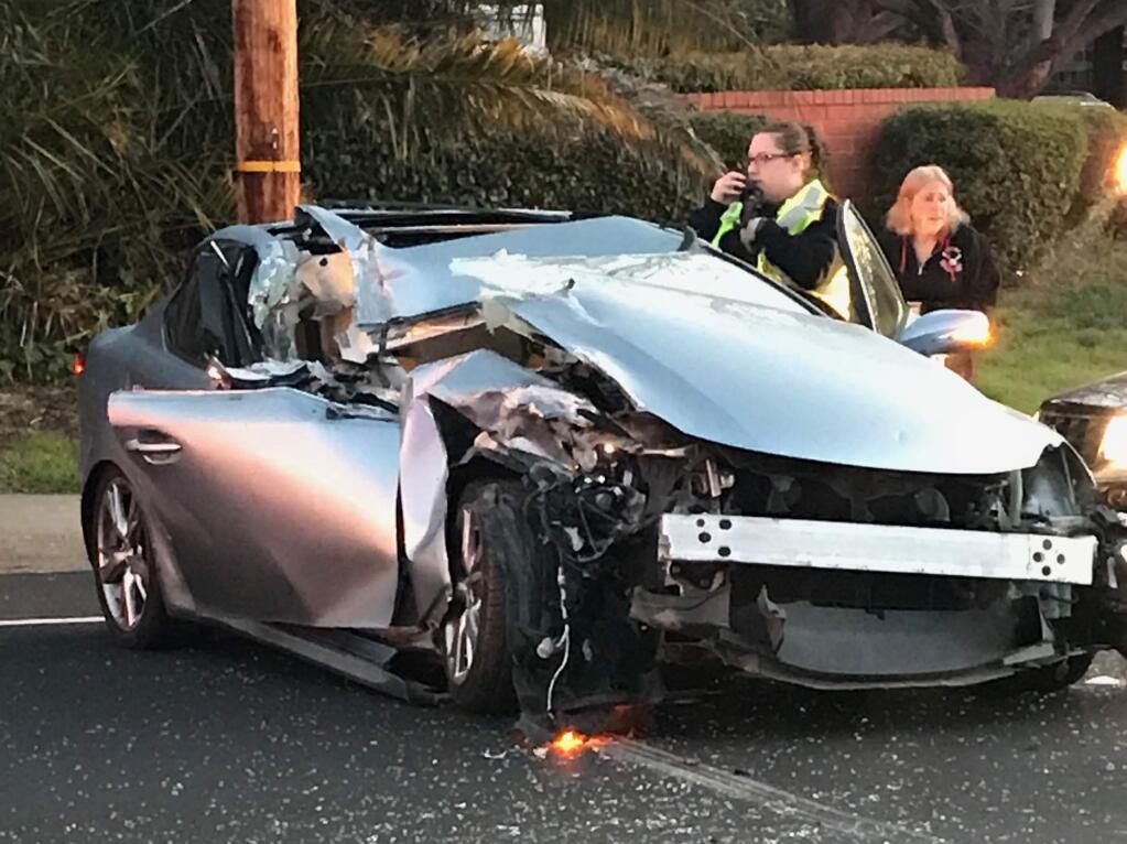 A woman suffered critical injuries after crashing into the back of a garbage truck in east Petaluma on Wednesday, Feb. 14, 2018. (COURTESY OF PETALUMA POLICE)