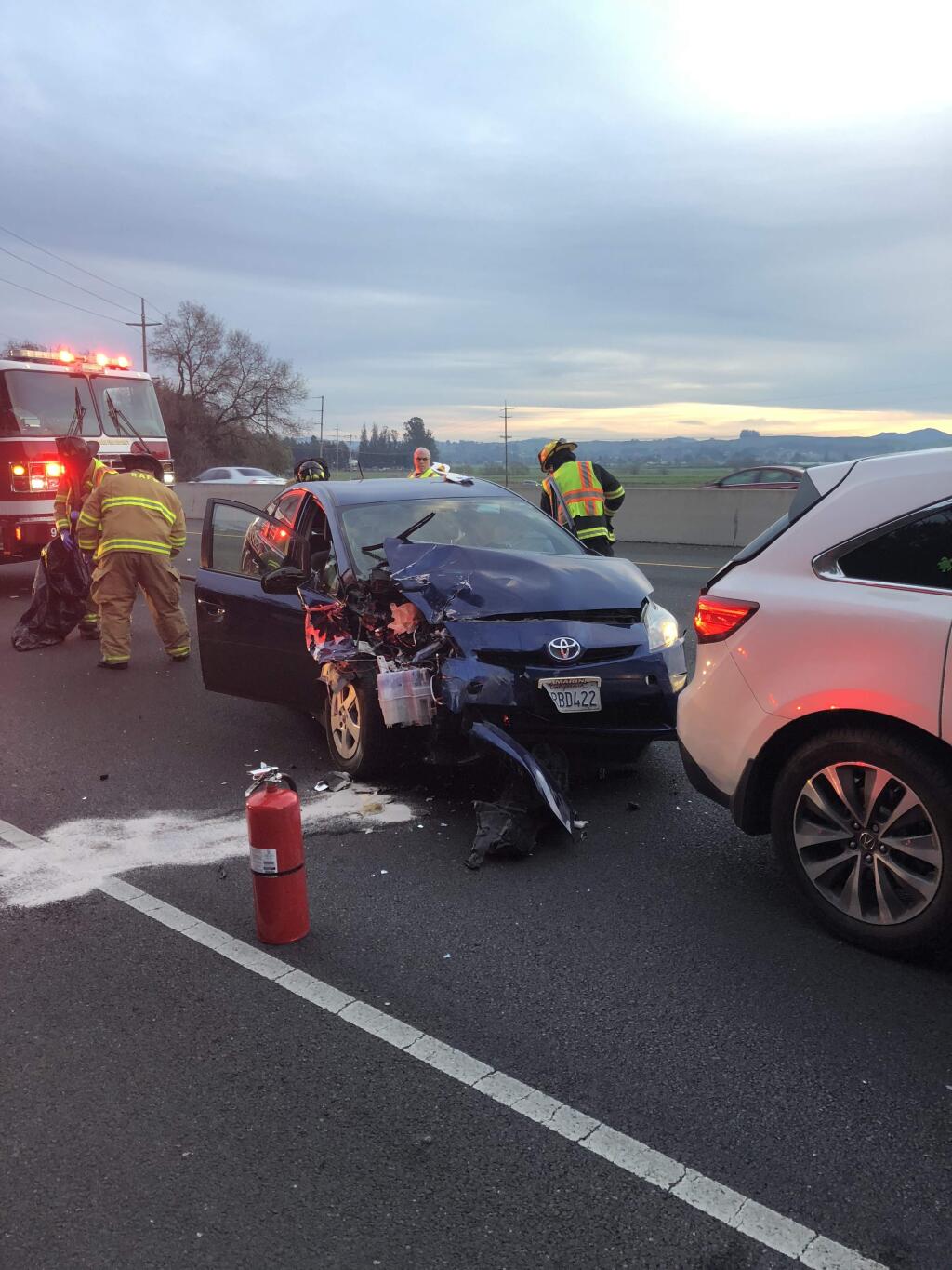 Emergency crews at the scene of a four-vehicle collision on Highway 101 north of Petaluma on Monday, Jan. 29, 2018. (COURTESY OF RANCHO ADOBE FIRE)