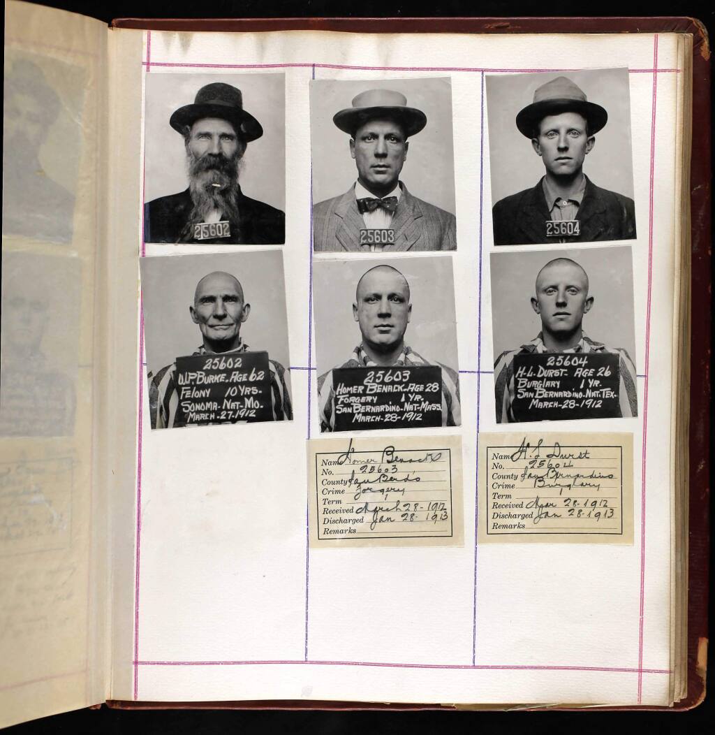 Dr. Williard Burke, upper and lower left corners, at San Quentin prison in 1912. The upper left photo was taken upon his arrival at the prison; the lower left was taken after his head was shaved. (ANCESTRY.COM)