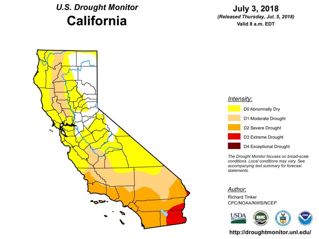 U.S. Drought Monitor map of California from July 3, 2018.