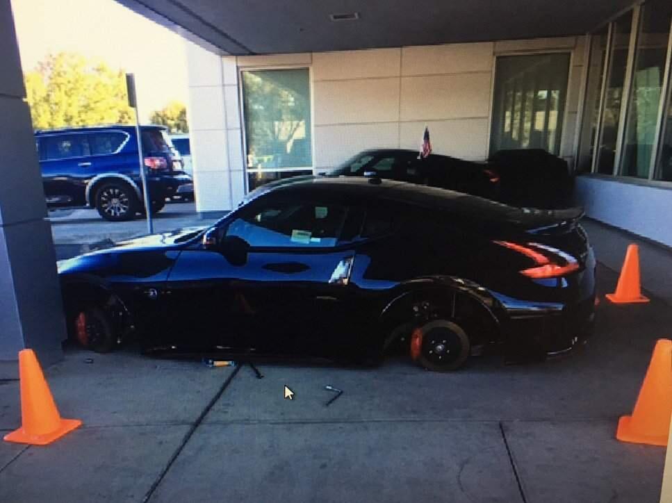 Petaluma police arrested a 17-year-old boy over the weekend on suspicion of burglary and possession of stolen property, including the wheels and tires off this 2019 Nissan 370Z. (PETALUMA POLICE DEPARTMENT)
